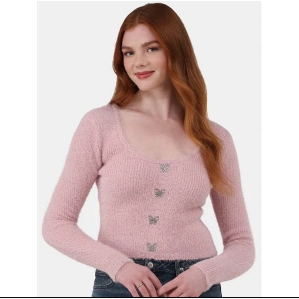 No Boundaries Rhinestone Butterfly Fuzzy Eyelash Rose Mist Sweater Juniors XL